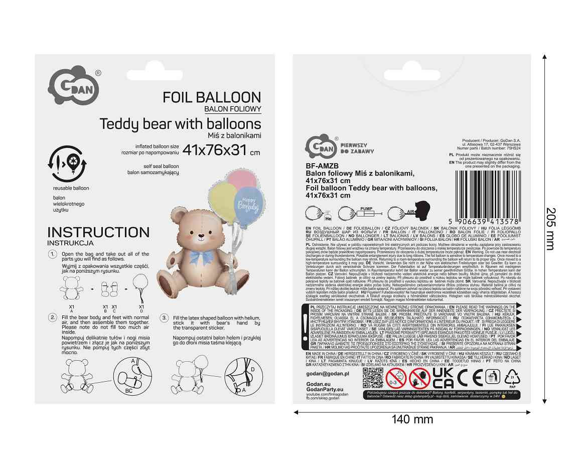 Foil balloon Teddy bear with balloons, 41x76x31 cm
